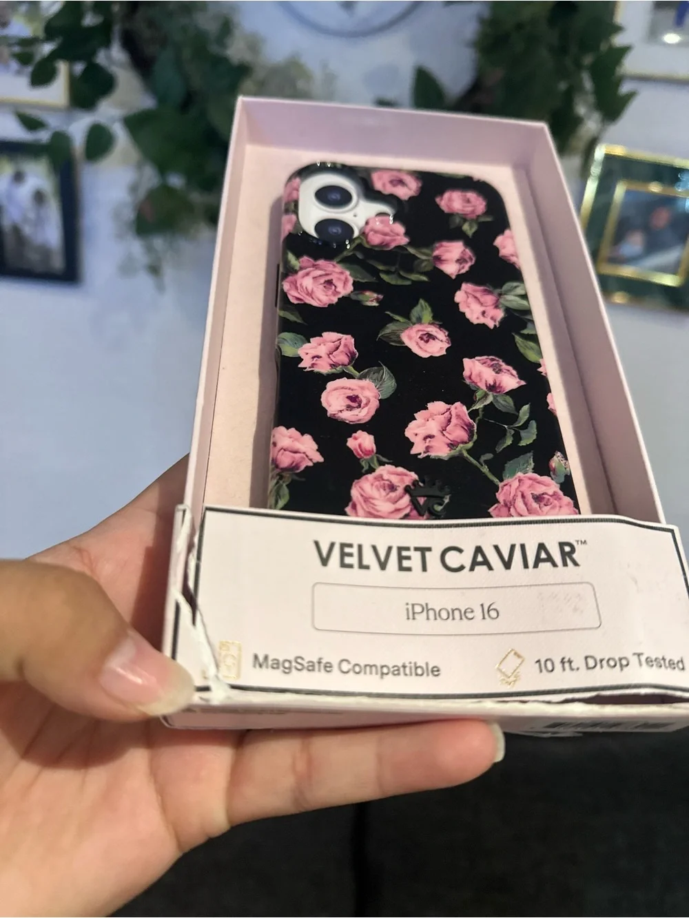 Velvet Caviar Black Case with Pink Rose Floral Design for iPhone 16